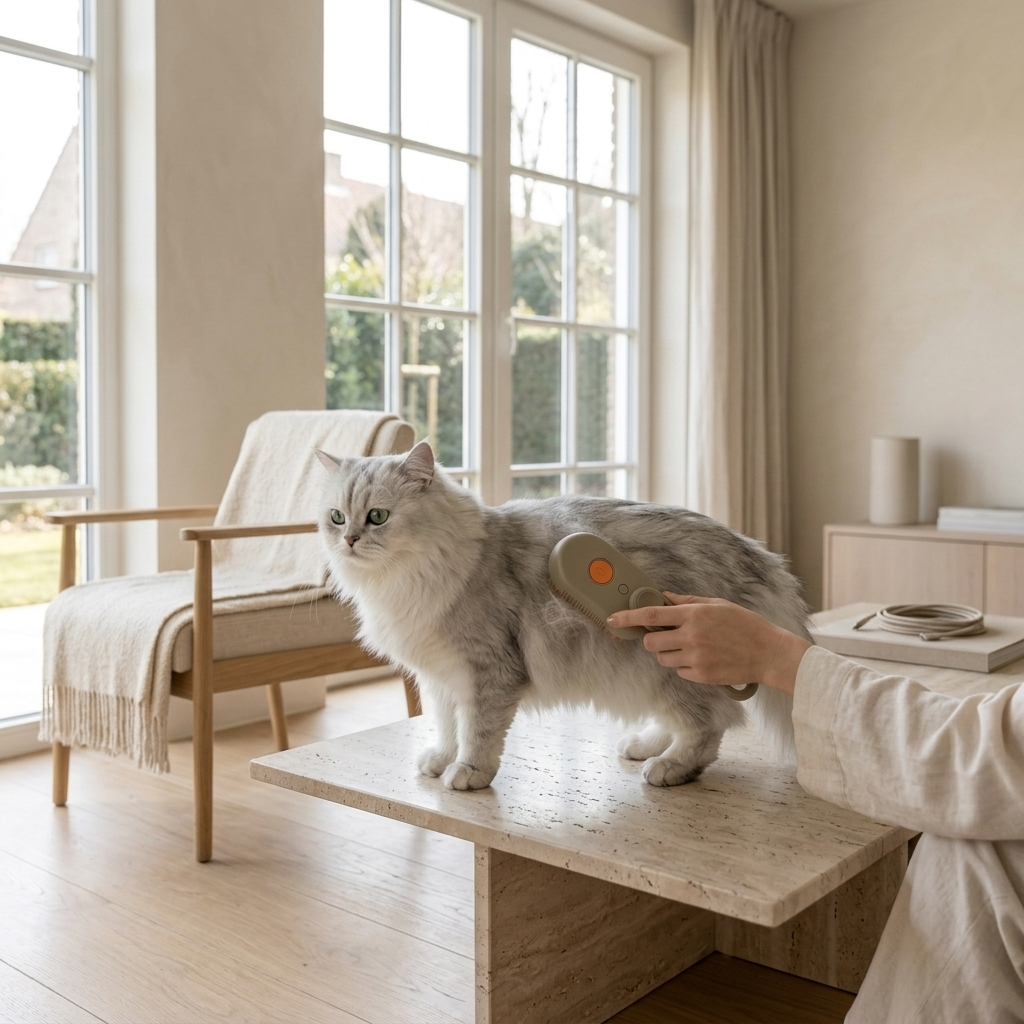 pet being groomed with steam grooming brush at home