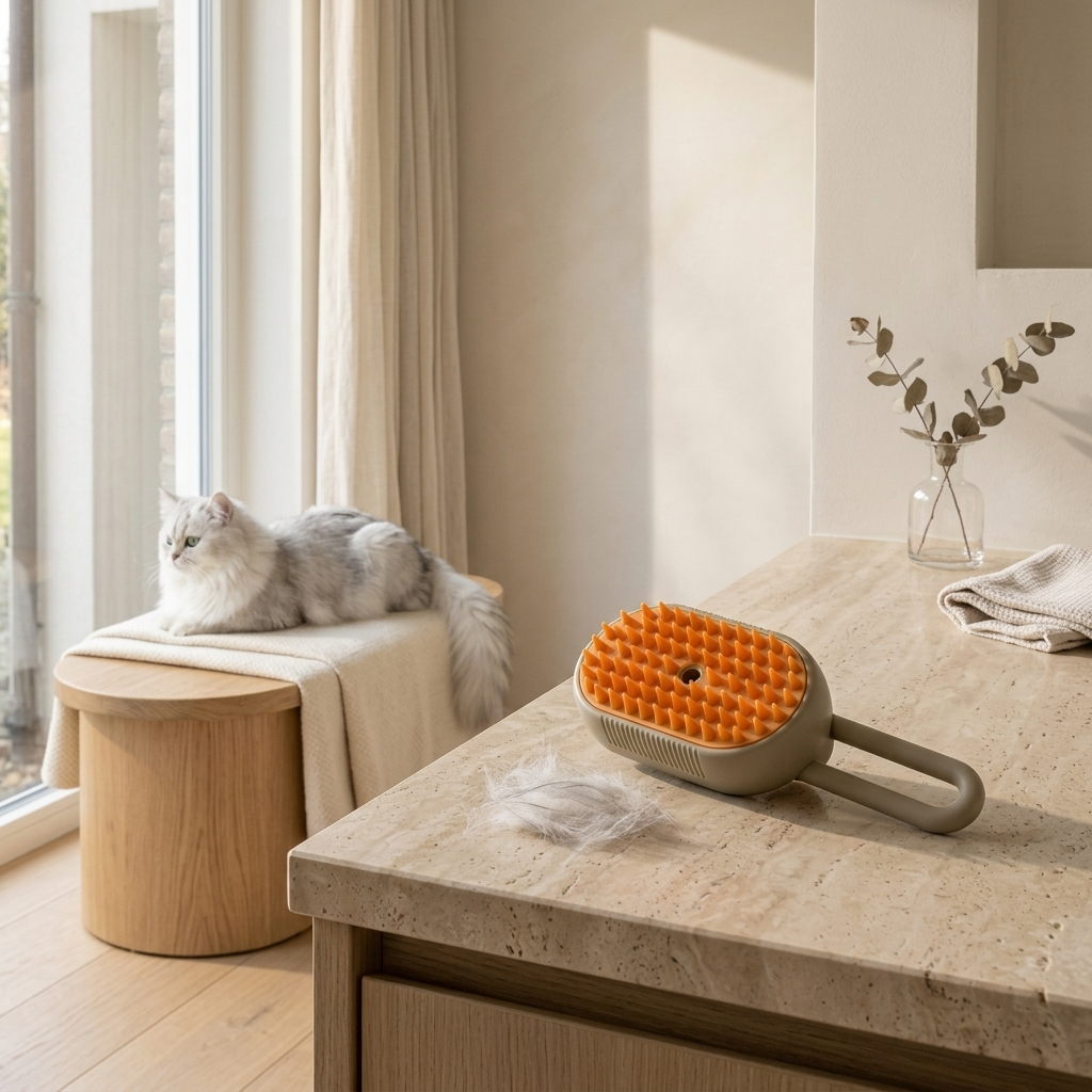 Cat being brushed with steam grooming brush