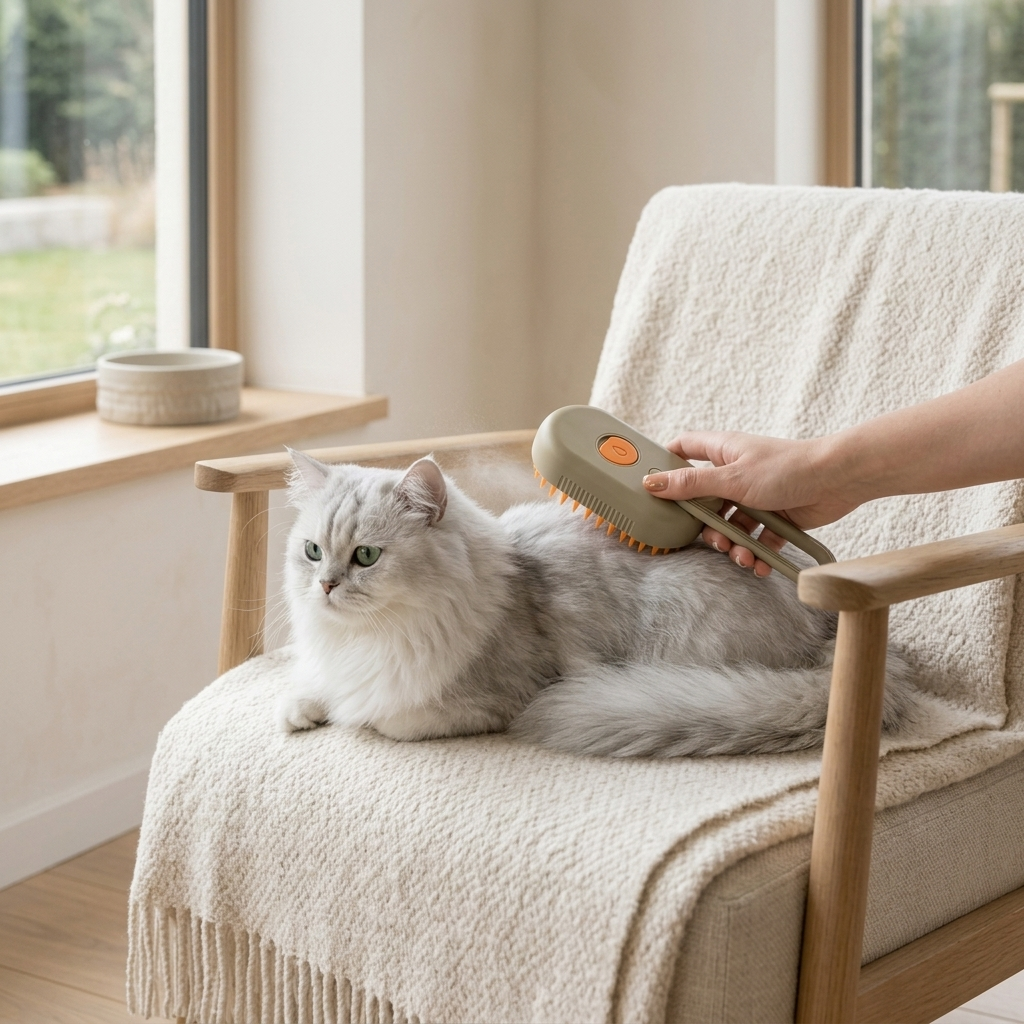 Steam grooming brush shown next to hand for size reference