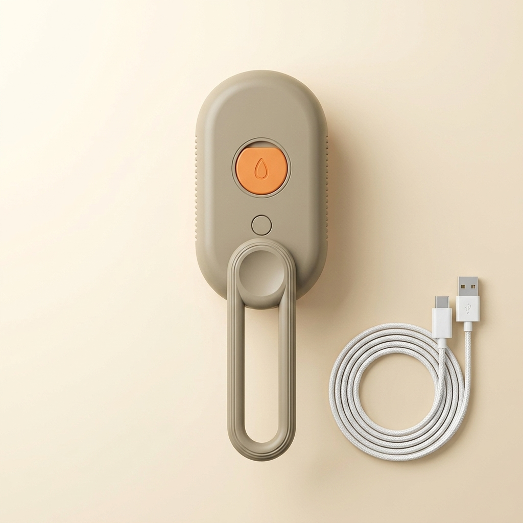 Steam grooming brush package contents — brush and USB charging cable